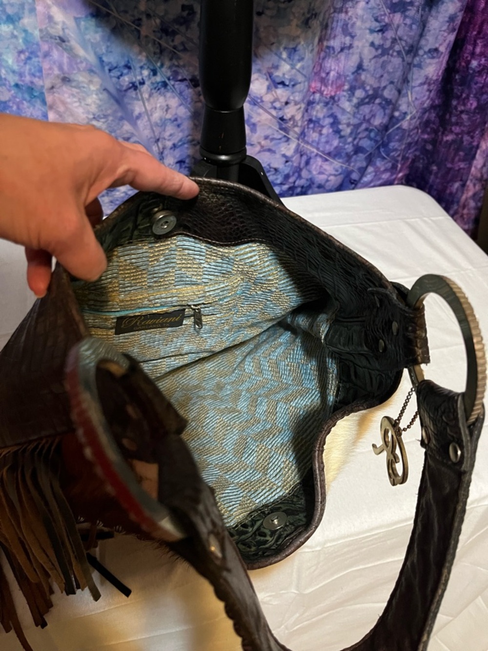 Raviani Brown & White Cowhide Fringe Shoulder Bag with Embossed Leather Panel - Picture 4 of 4